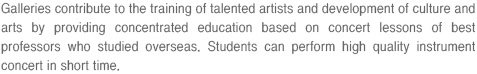 Galleries contribute to the training of talented artists and development of culture and arts by providing concentrated education based on concert lessons of best professors who studied overseas. Students can perform high quality instrument concert in short time.