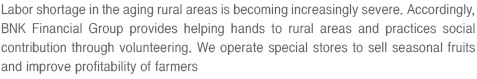 Labor shortage in the aging rural areas is becoming increasingly severe. Accordingly, BNK Financial Group provides helping hands to rural areas and practices social contribution through volunteering. We operate special stores to sell seasonal fruits and improve profitability of farmers